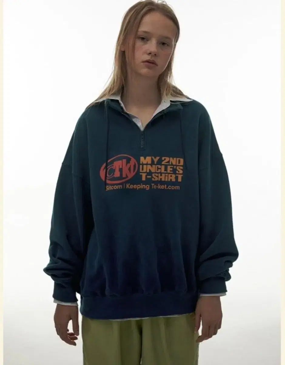 テケット 엉클 ハーフジップアップ スウェットシャツ ブルー グリーン M