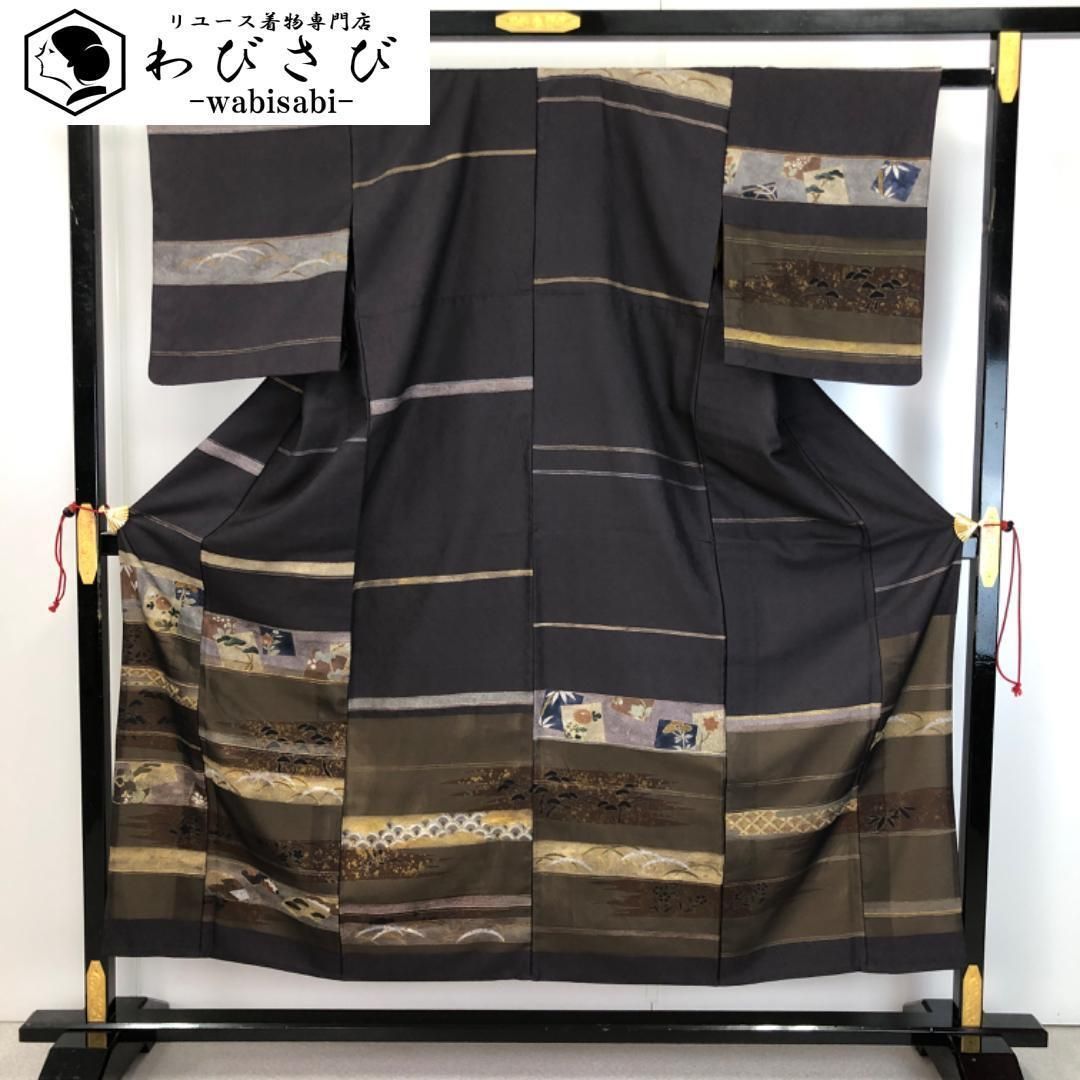 単衣 付下げ 横縞模様 雪芝に地紙 松 紺滅色 金彩 ガード加工 K-5502