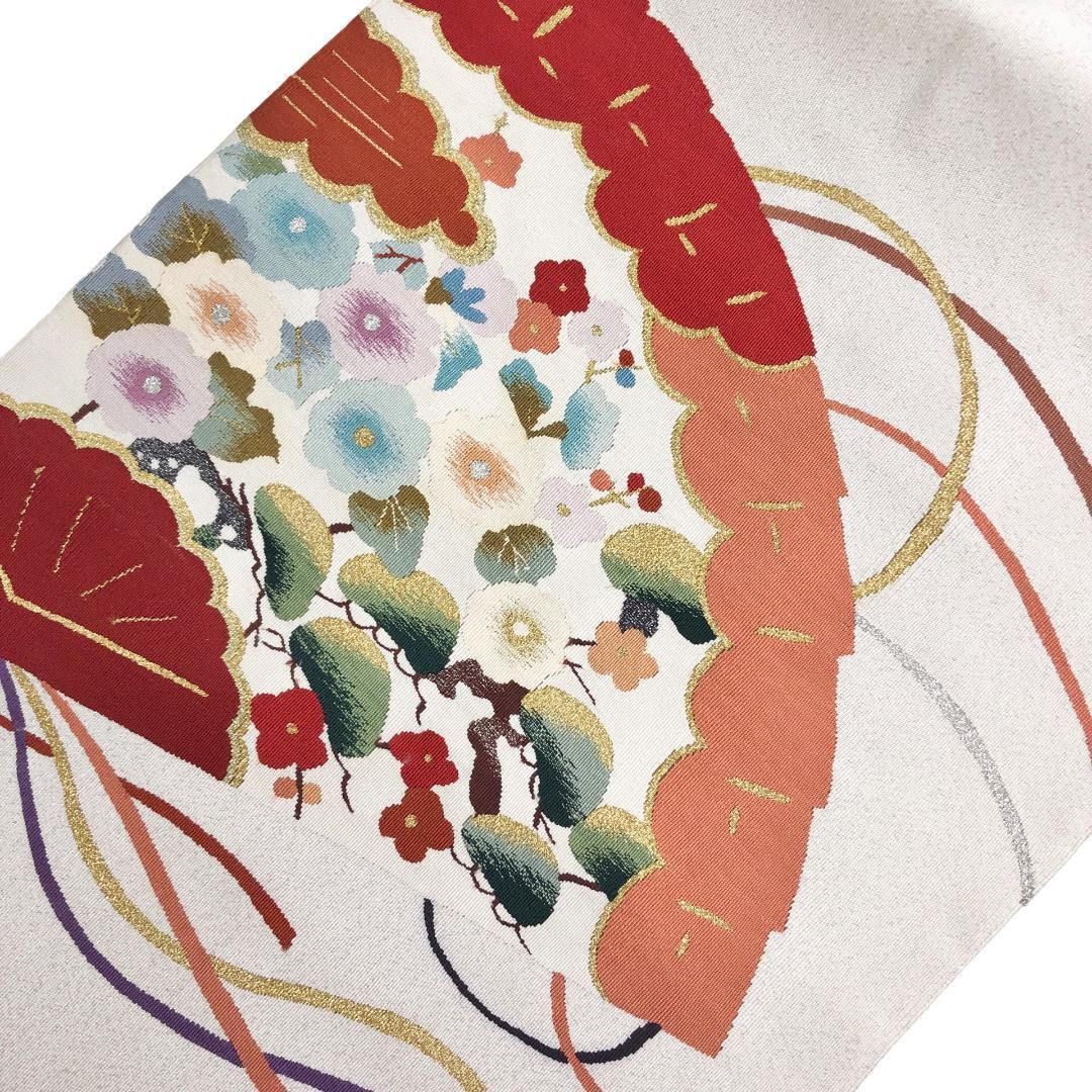 名古屋帯 綴れ 扇子に松 梅 花模様 金銀糸 胡粉色 O-5665