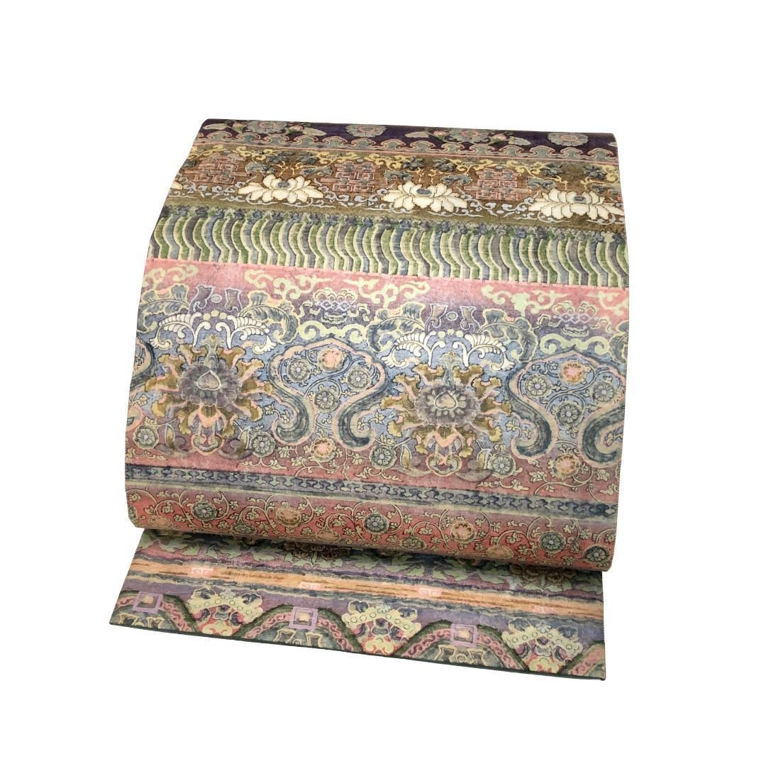 袋帯 横縞に華柄模様 紙布 花唐草 O-5693