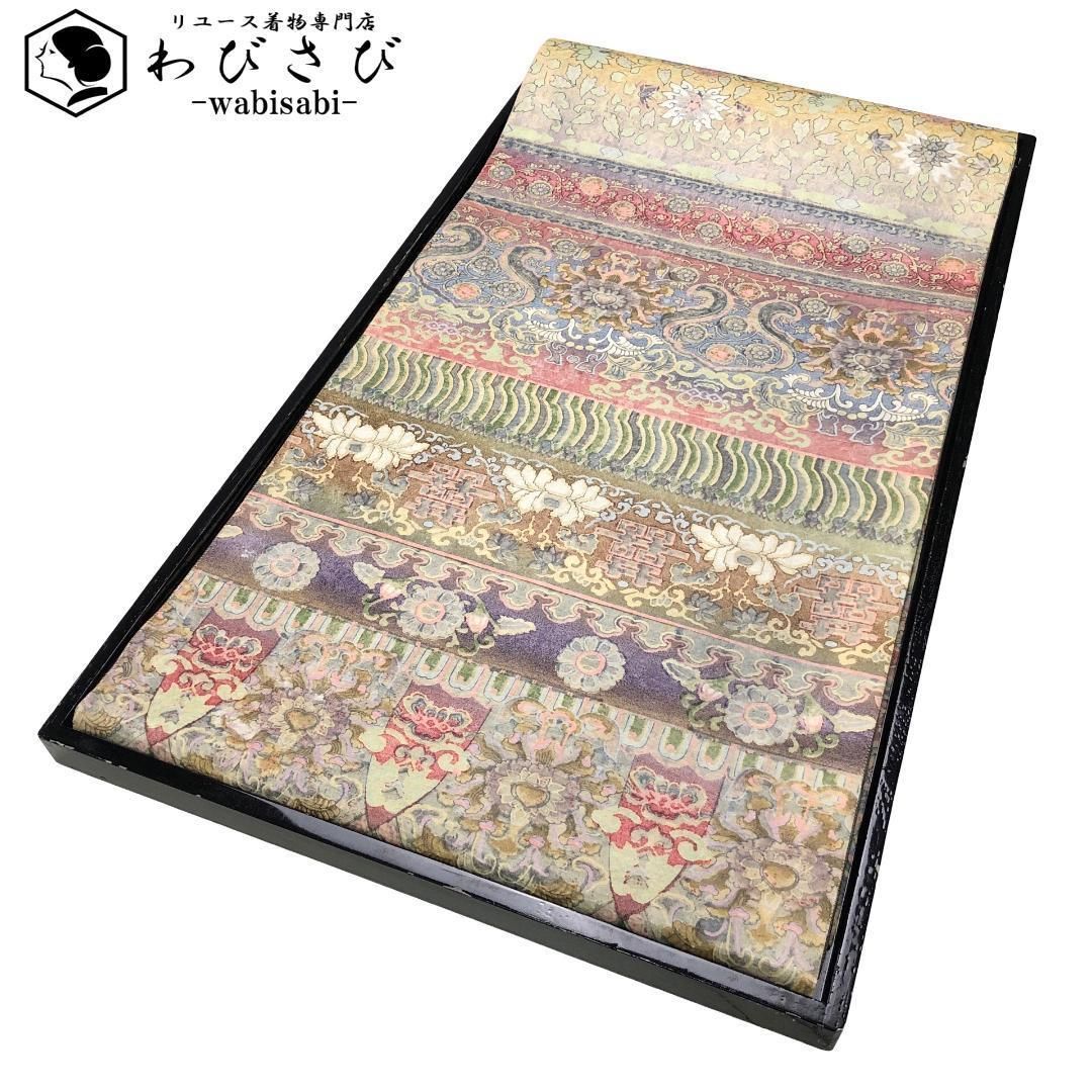 袋帯 横縞に華柄模様 紙布 花唐草 O-5693