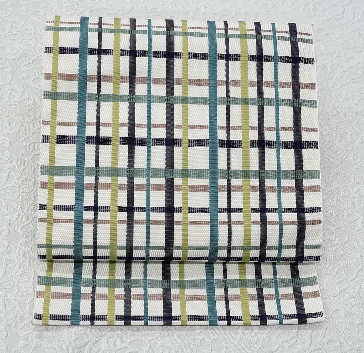 未仕立 博多帯 八寸 名古屋帯 狂言格子 白地 仕立代込み