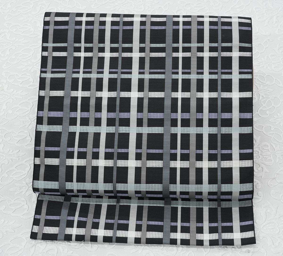 未仕立 博多帯 八寸名古屋帯 狂言格子 黒地 仕立代込み