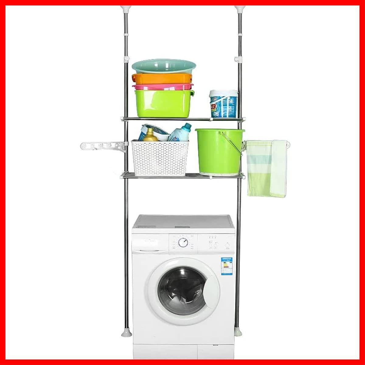 洗濯機ラック ランドリーラック2段 つっぱり棚 天井の梁や床の段差があっても設置できる 突っ張り式ラック BAOYOUNI ハンガーバー付属 ホワイト