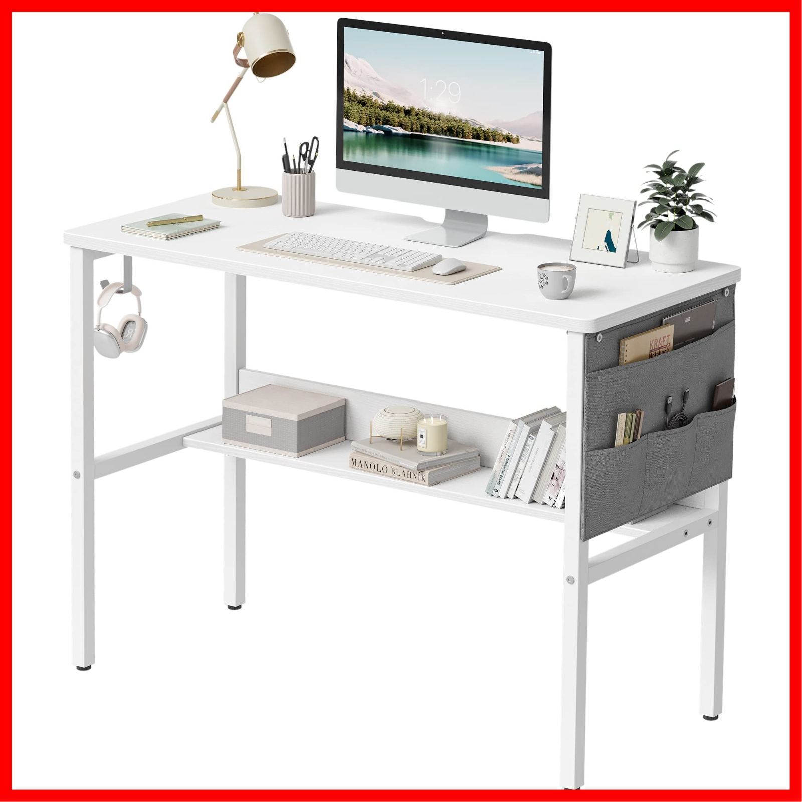 組立簡単 勉強机 ラック付き 一人暮らし 子 テレワーク ゲーミングデスク 収納袋付き 机pcデスク パソコンデスク 幅96 cm 奥行き40 ホワイト 机 デスク CubiCubi