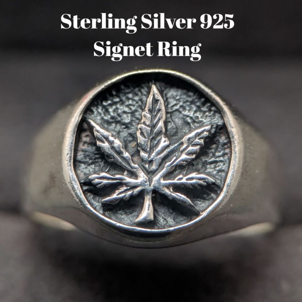 スターリングシルバー925 刻印 カンナビス マリファナリーフ シグネットリング ヴィンテージ 英国 16号 メンズ レディース