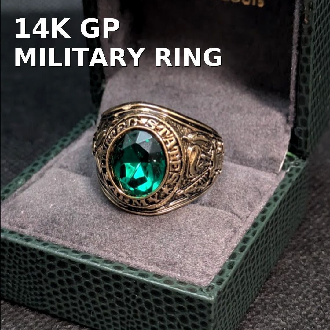ヴィンテージ US ARMY ミリタリーリング 白頭鷲 1775年 ゴールド14K電気メッキ エメラルドクリスタル 25.5〜26号 15.6g