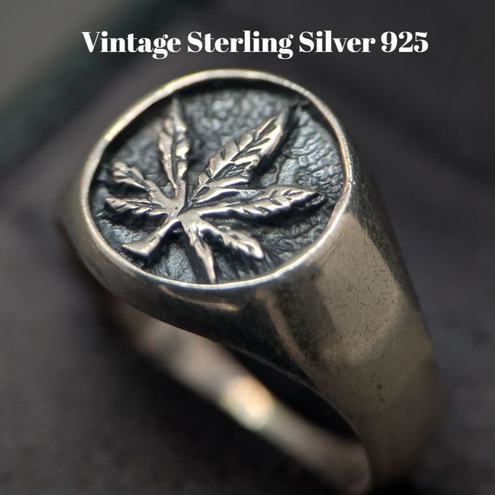 18号 スターリングシルバー925 刻印 シグネットリング カンナビス マリファナリーフ ヴィンテージ 英国 メンズ レディース