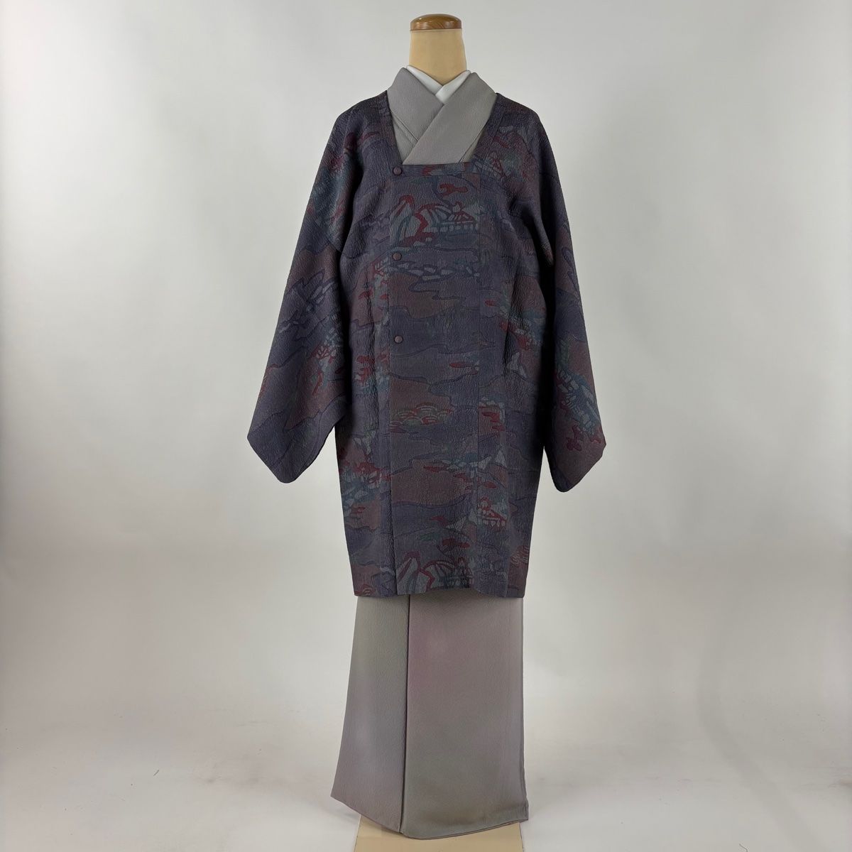 道行 身丈95cm 裄丈67cm M 和装コート 角衿 家屋 霞 ぼかし 灰紫 正絹