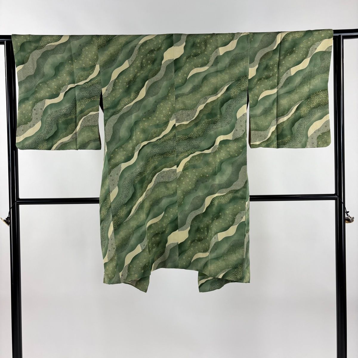 道中着 身丈99cm 裄丈63cm S 和装コート 着物衿 小花 亀甲 ぼかし 緑 正絹