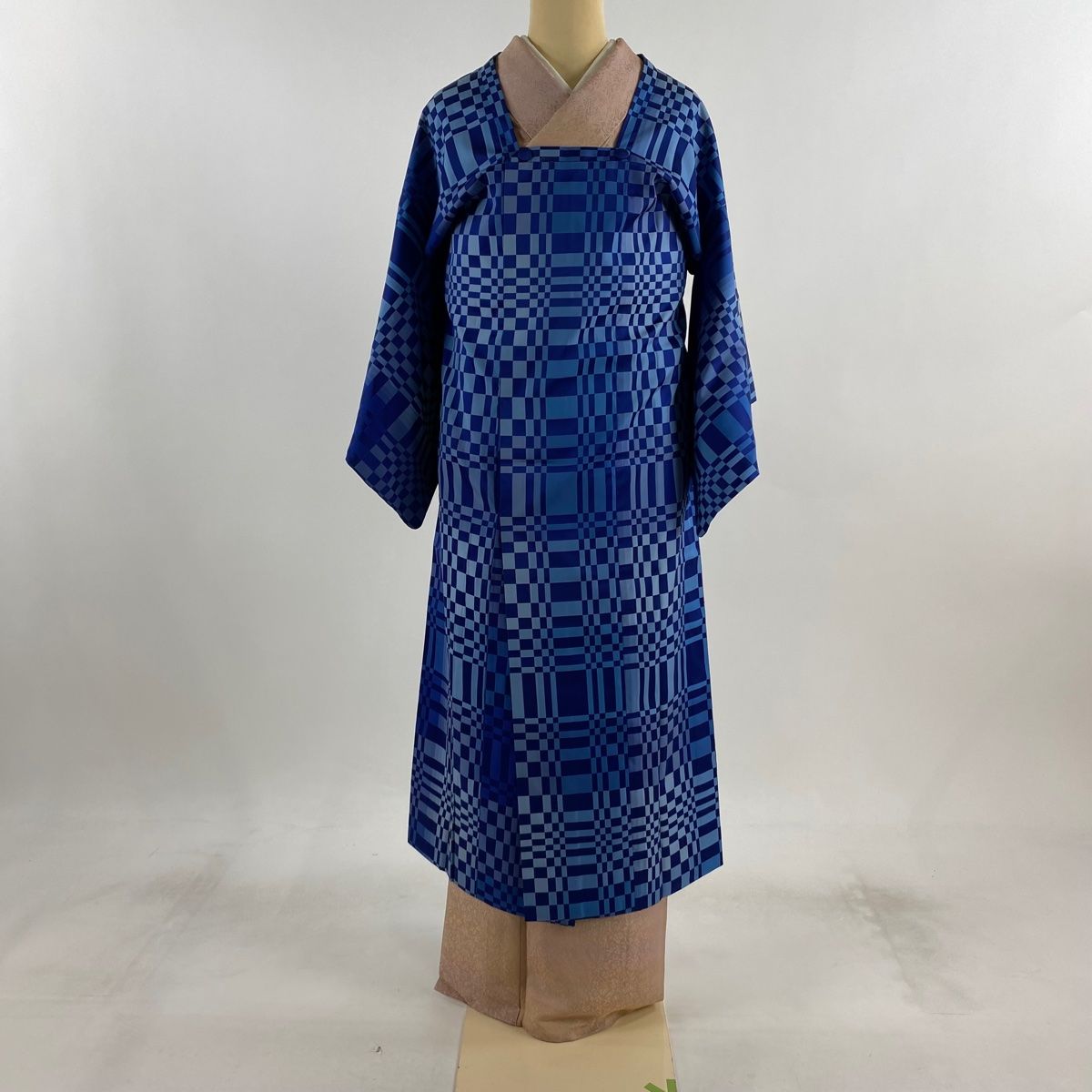 道行 身丈129.5cm 裄丈62cm 和装コート 紬地 変わり市松 ぼかし 青 正絹 秀品