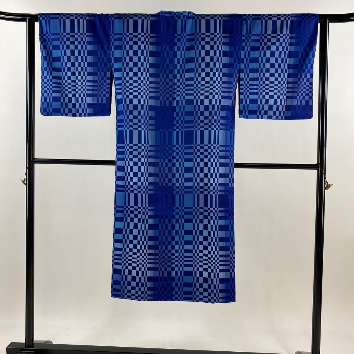 道行 身丈129.5cm 裄丈62cm 和装コート 紬地 変わり市松 ぼかし 青 正絹 秀品