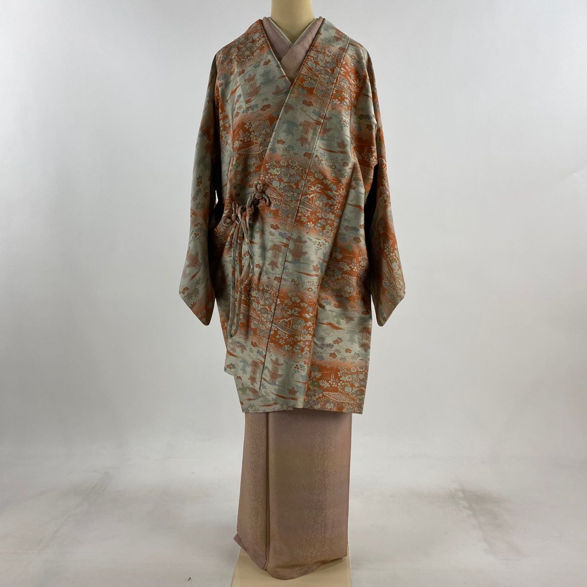 道中着 身丈97cm 裄丈66cm M 和装コート 紬地 草花 霞 オレンジ 正絹 秀品
