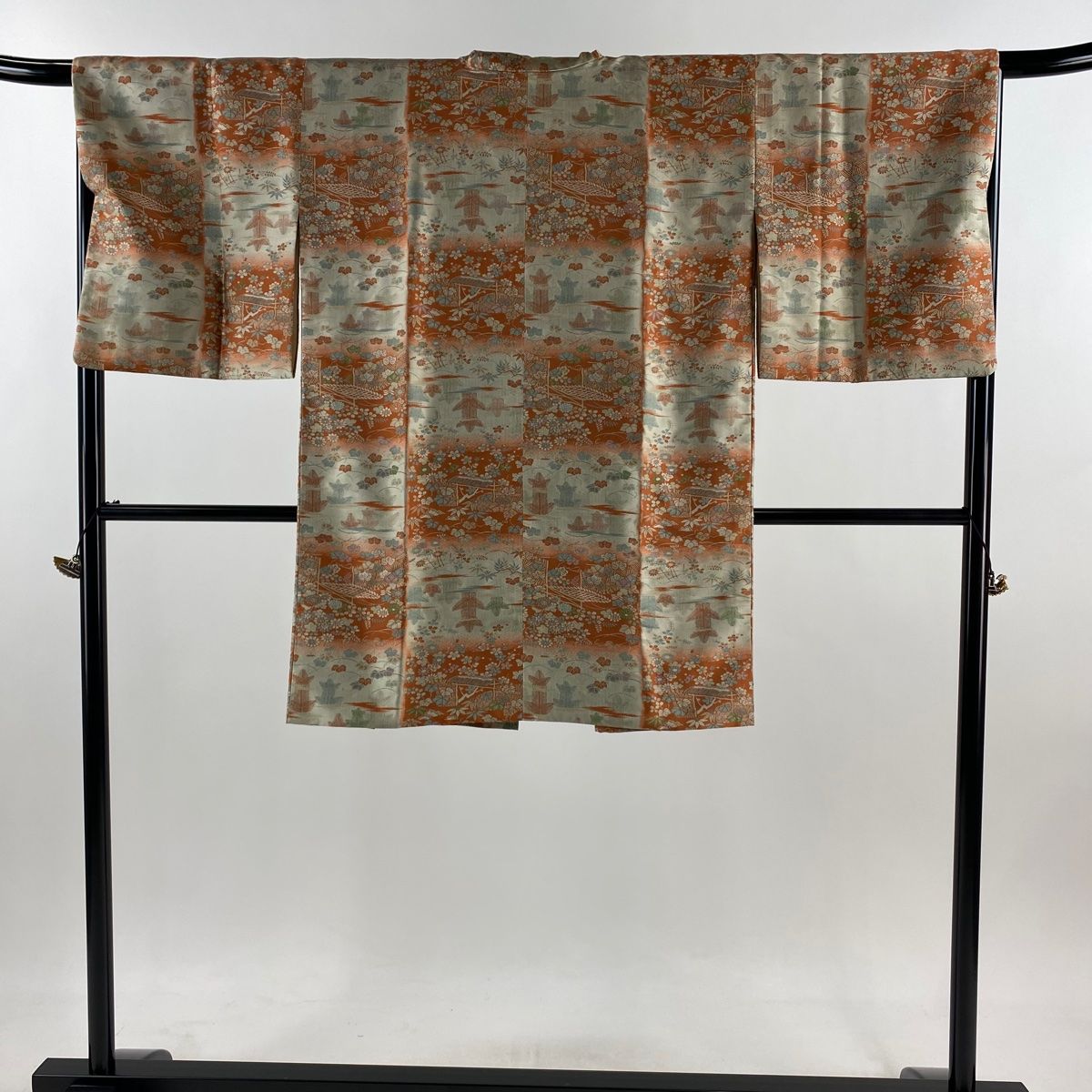 道中着 身丈97cm 裄丈66cm M 和装コート 紬地 草花 霞 オレンジ 正絹 秀品