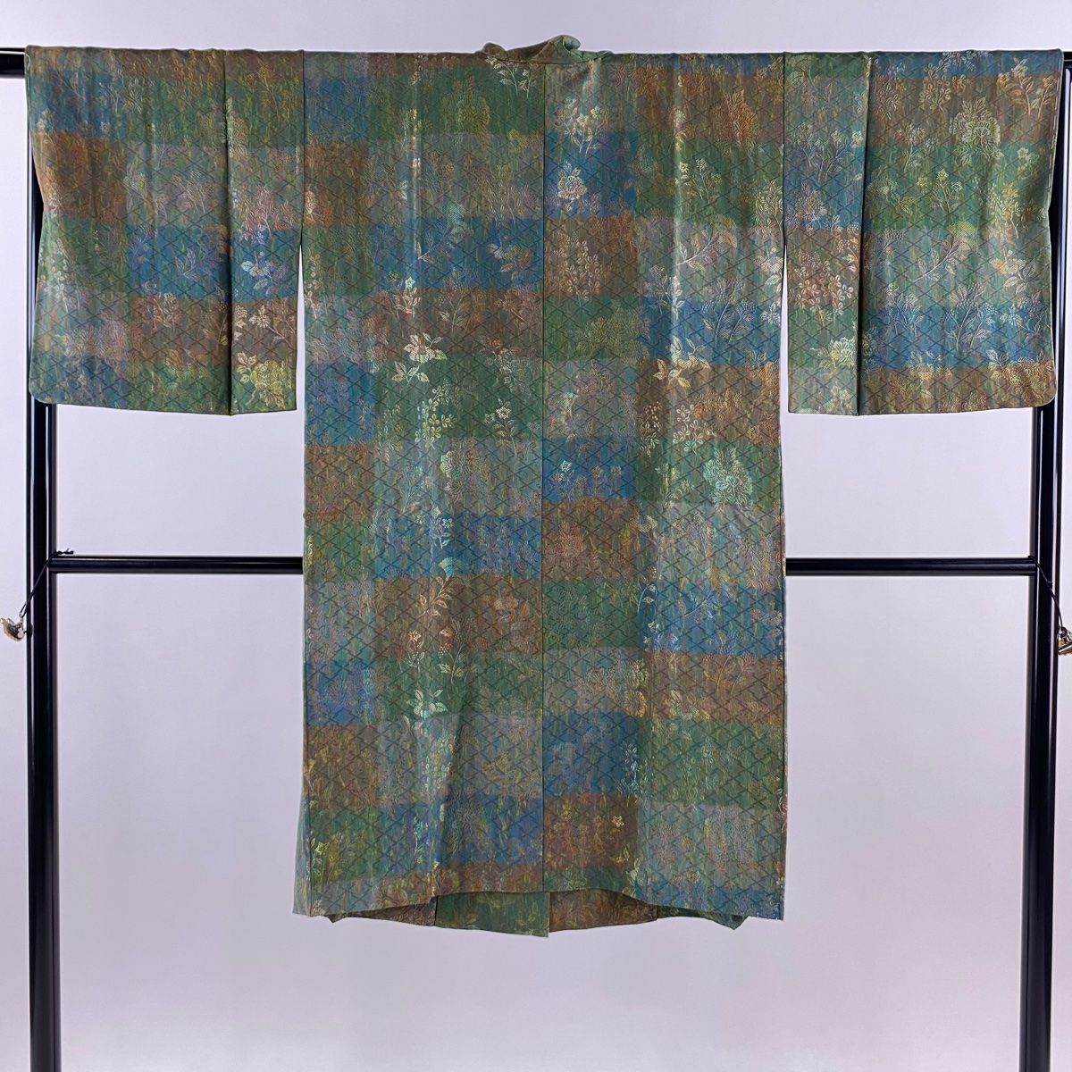 道中着 身丈108 cm 裄丈67 M 和装コート 変わり市松 草花 灰緑 正絹 秀品