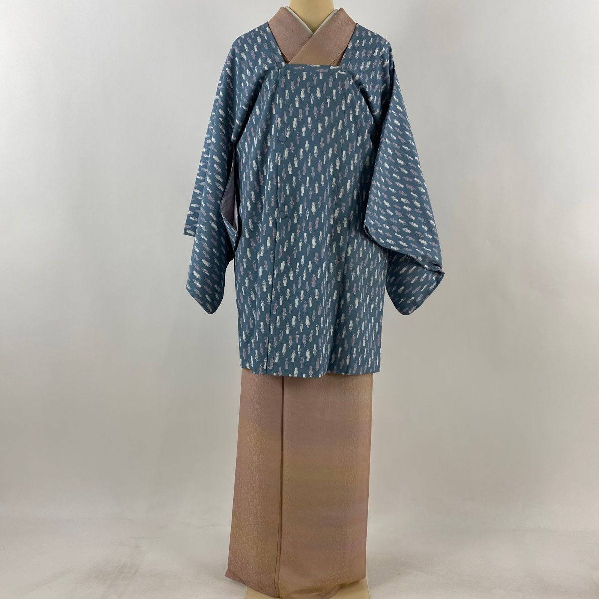道行 身丈85cm 裄丈66cm M 和装コート 角衿 人物 青灰色 正絹 秀品
