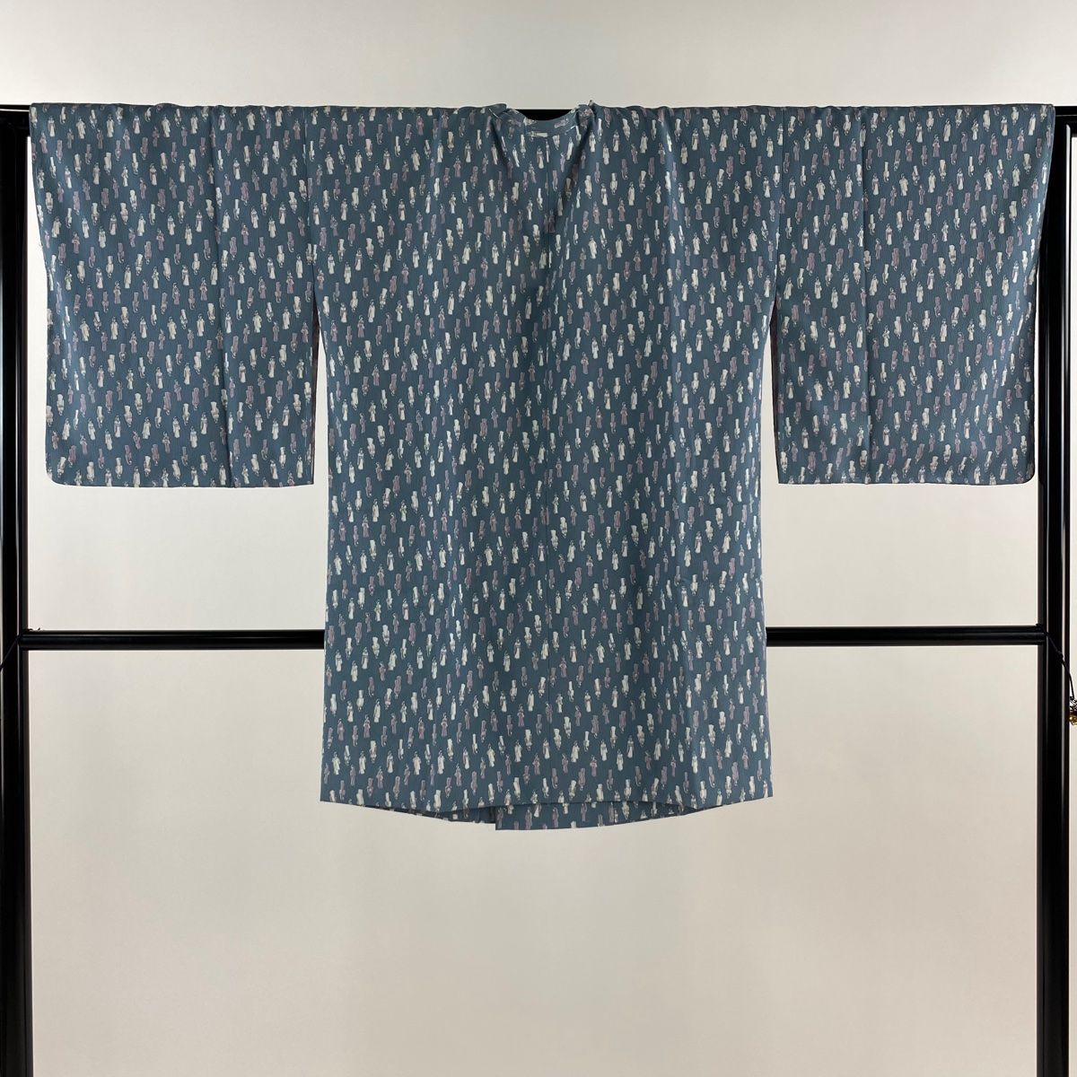 道行 身丈85cm 裄丈66cm M 和装コート 角衿 人物 青灰色 正絹 秀品