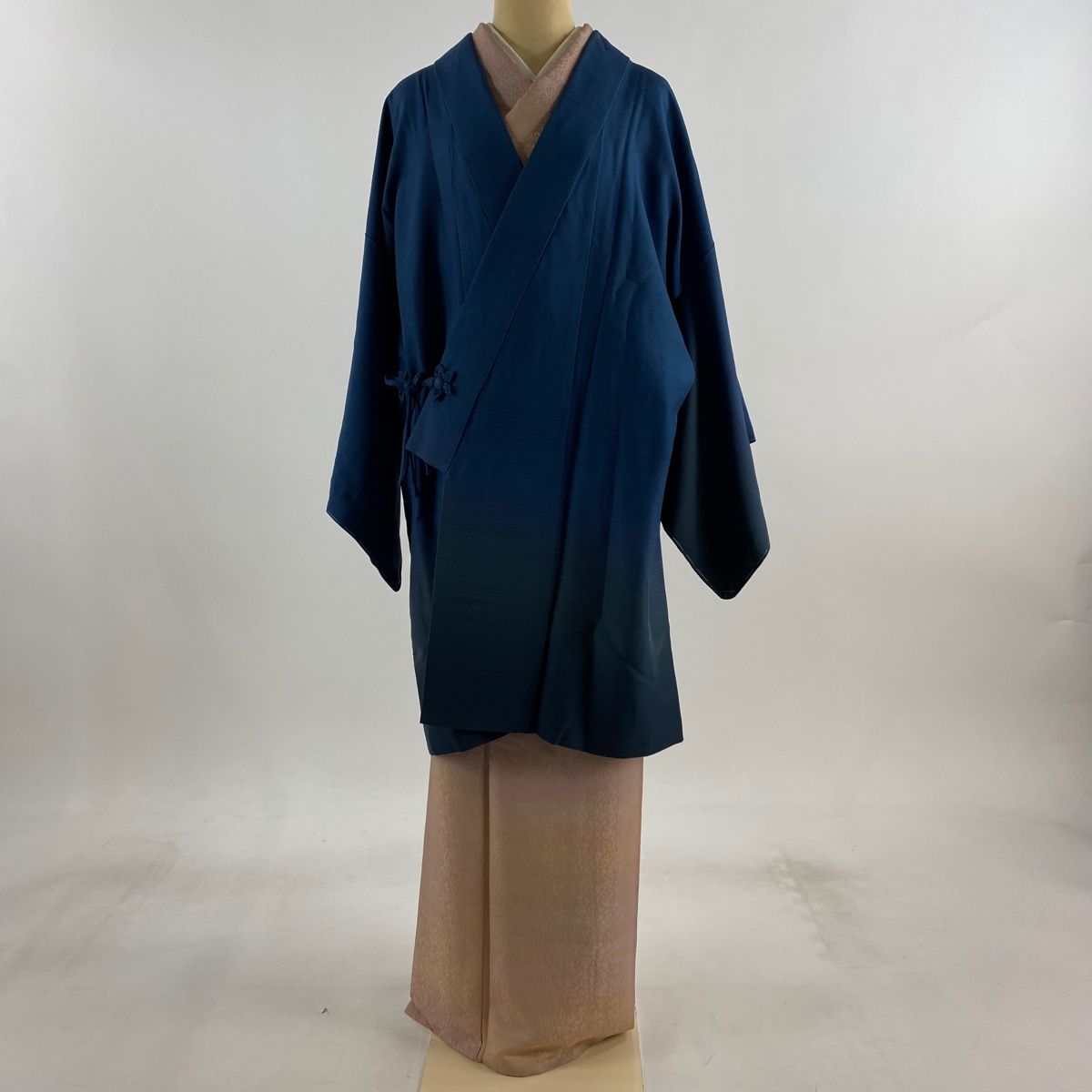 道中着 身丈96cm 裄丈64cm M 和装コート 着物衿 証紙 縞 泥ぼかし染 青緑 正絹 秀品