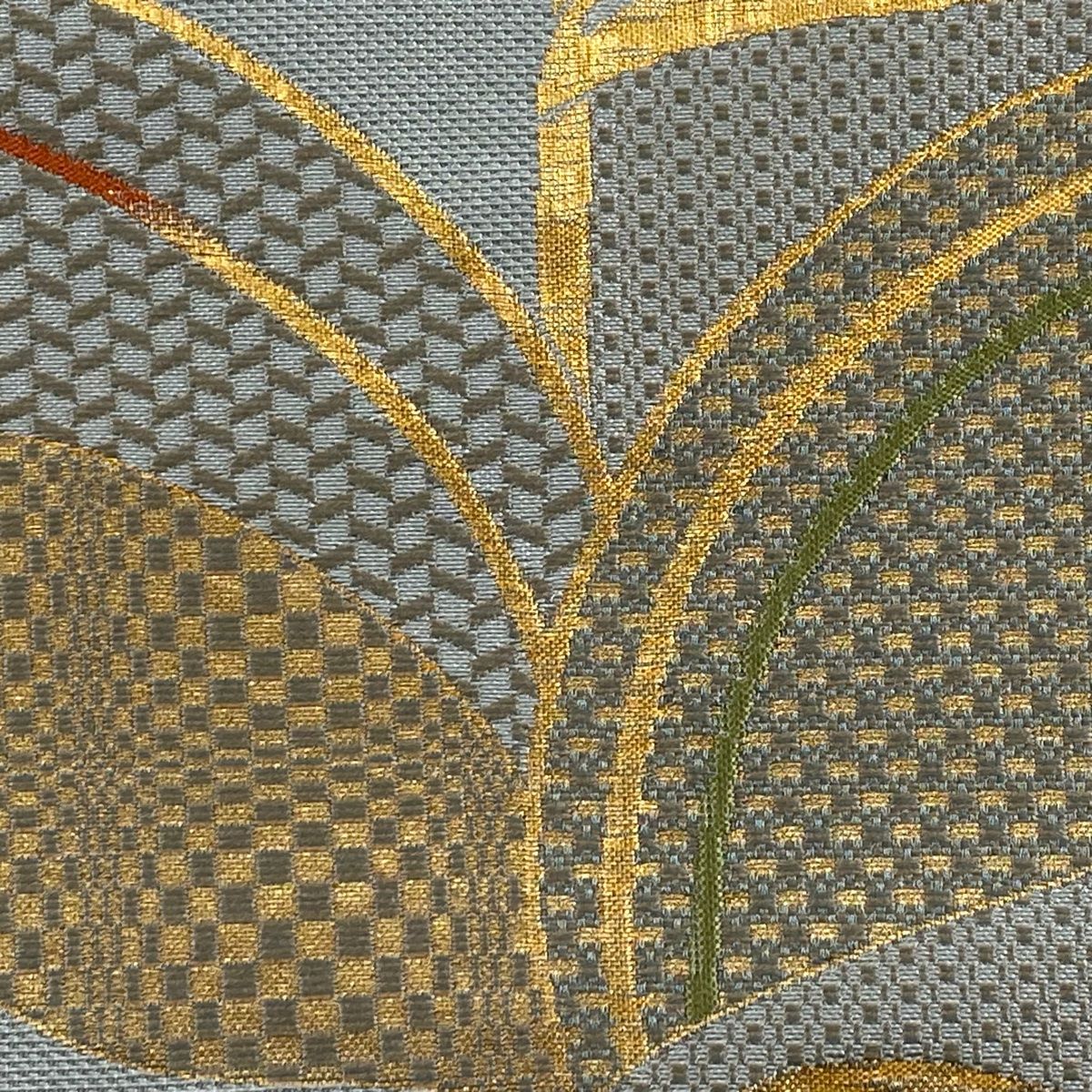 名古屋帯 秀品 葉柄 変わり市松 箔 青灰色 正絹