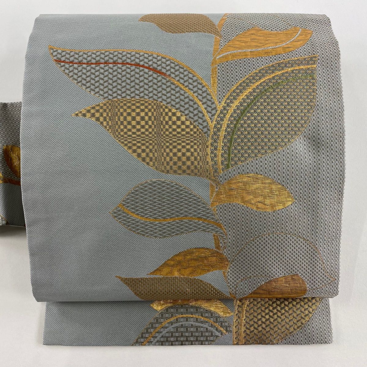 名古屋帯 秀品 葉柄 変わり市松 箔 青灰色 正絹
