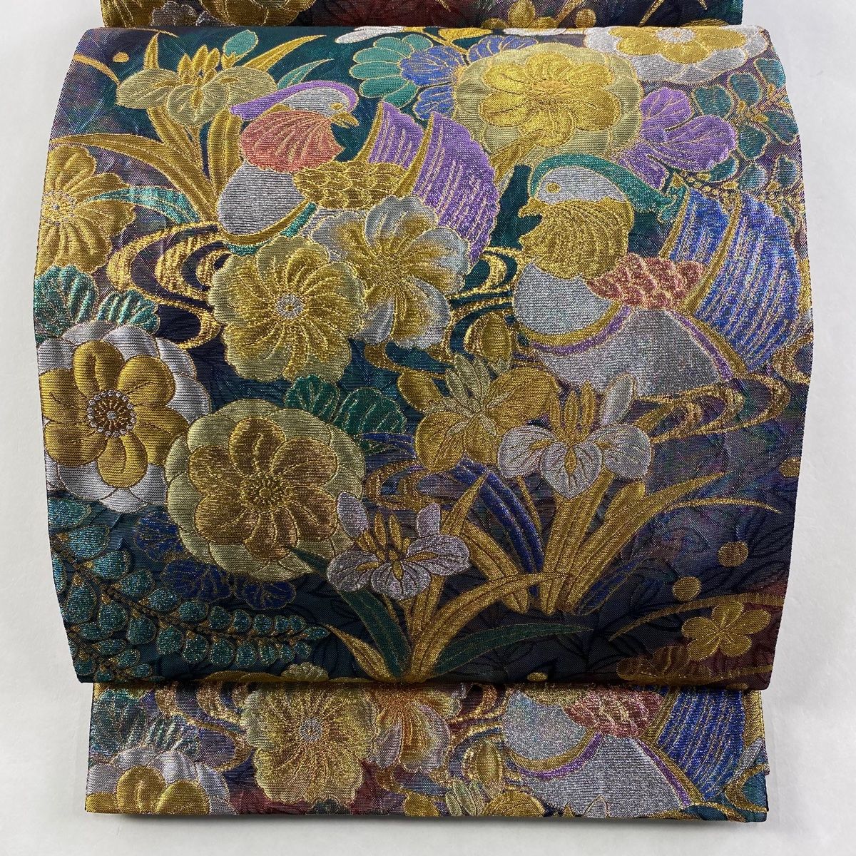 袋帯 秀品 草花 鴛鴦 金銀糸 箔 緑 六通 正絹