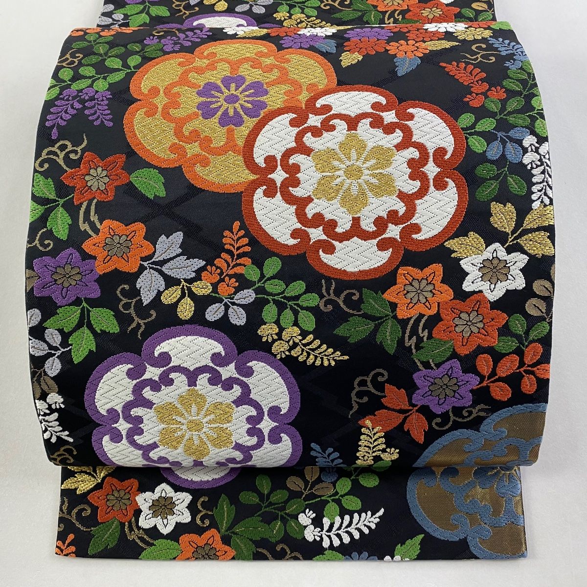 袋帯 秀品 花井幸子 落款 華文 秋草 唐織 金糸 黒 六通 正絹