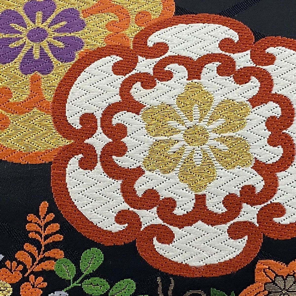 袋帯 秀品 花井幸子 落款 華文 秋草 唐織 金糸 黒 六通 正絹