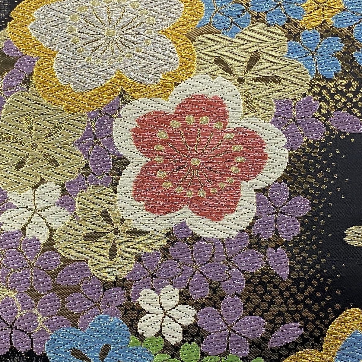 ☆安心の全品国内発送！ 袋帯 秀品 花吹雪 桜 唐織 箔 黒 六通 正絹 汎用性が高い