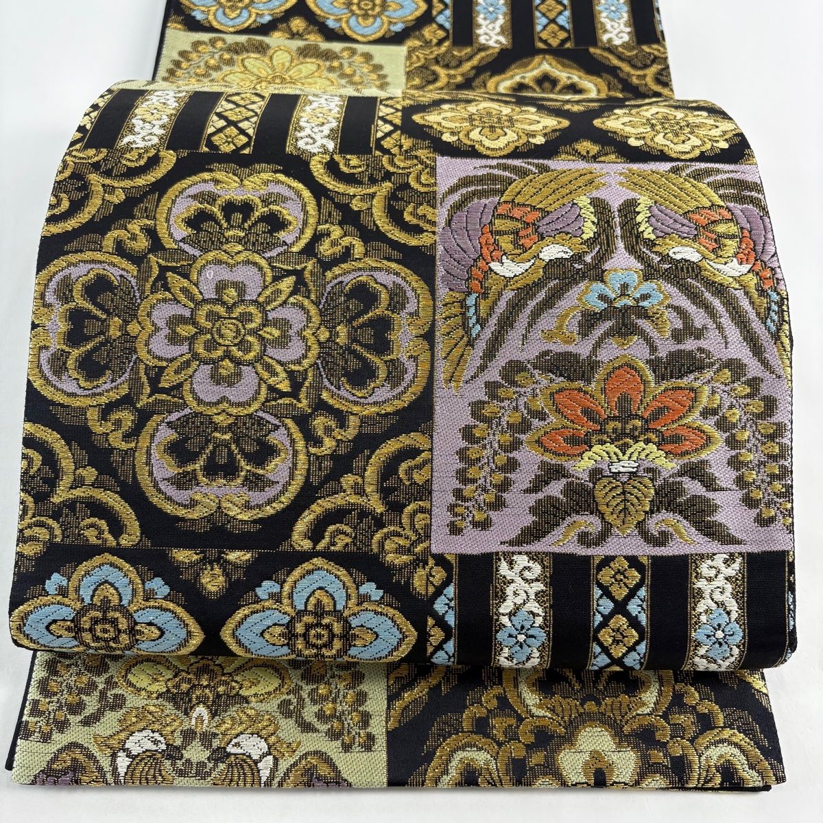 袋帯 秀品 向かい鳥 華文 金銀糸 黒 六通 正絹