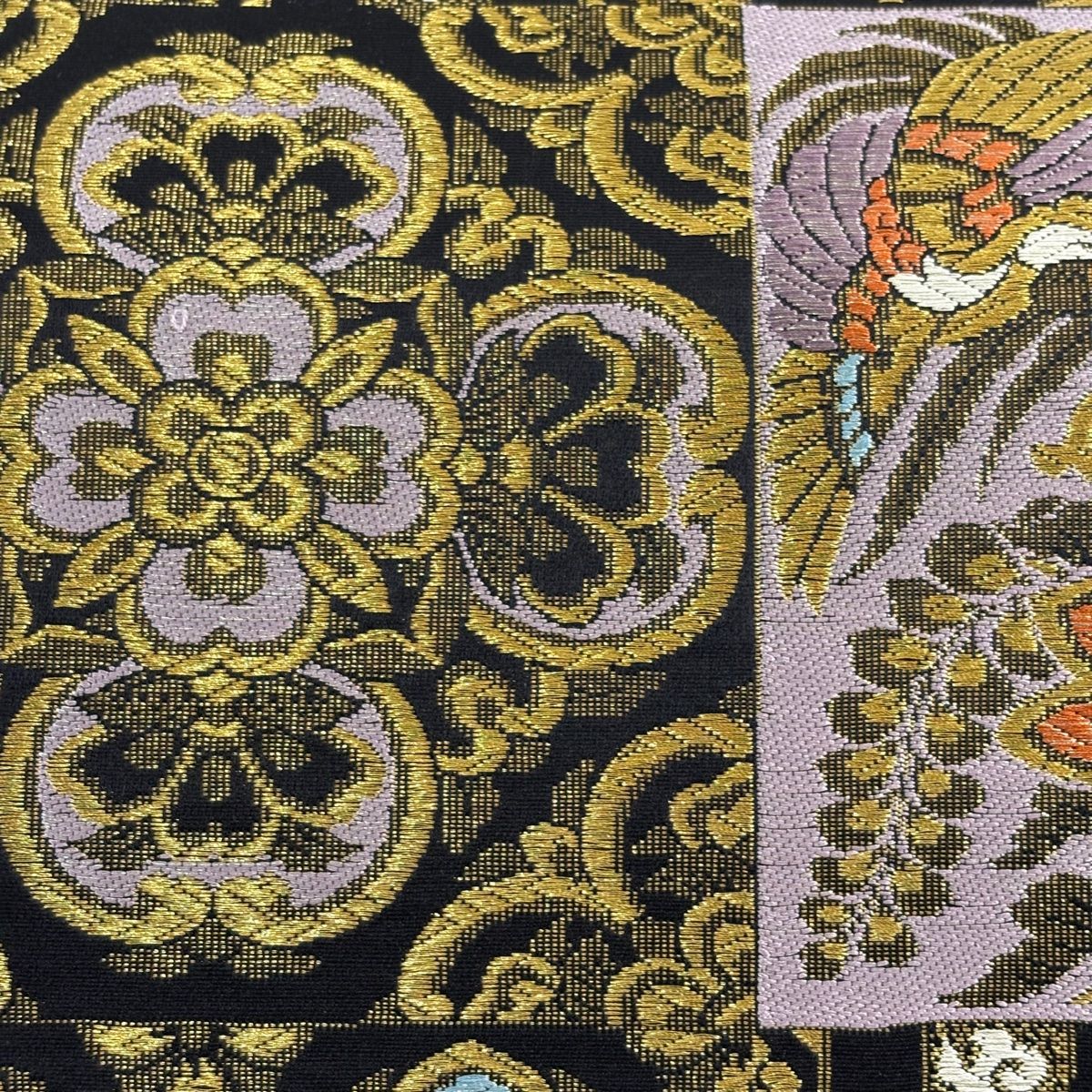 袋帯 秀品 向かい鳥 華文 金銀糸 黒 六通 正絹