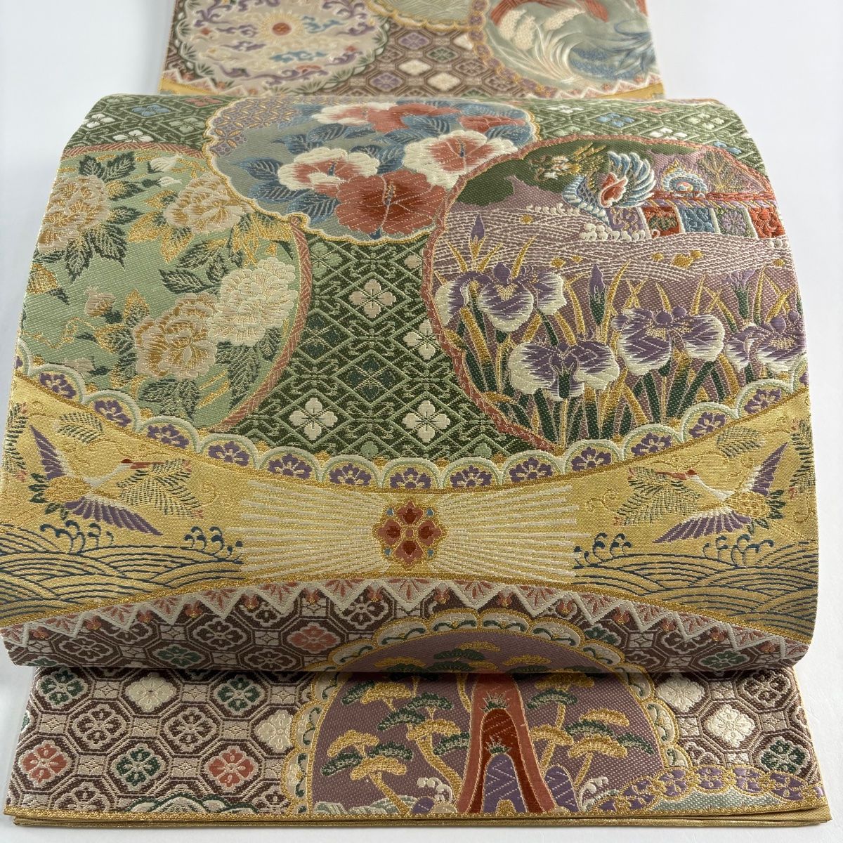 袋帯 秀品 関西仕立て 花鳥 雪輪 箔 金糸 金色 六通 正絹