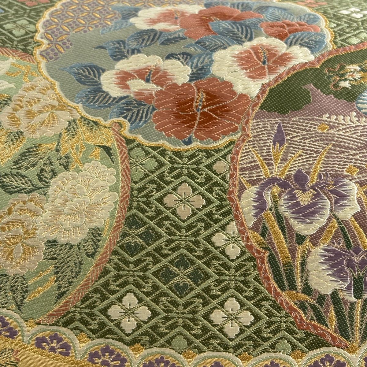 袋帯 秀品 関西仕立て 花鳥 雪輪 箔 金糸 金色 六通 正絹
