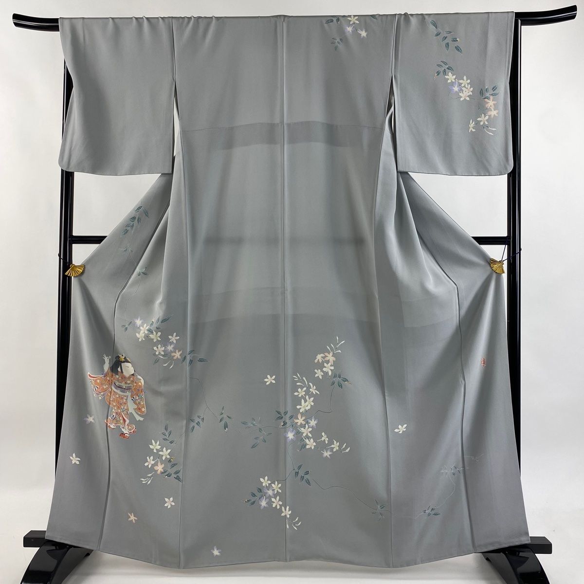 訪問着 身丈164cm 裄丈66.5cm M 袷 二代目 由水十久 落款 童 草花 青灰色 正絹