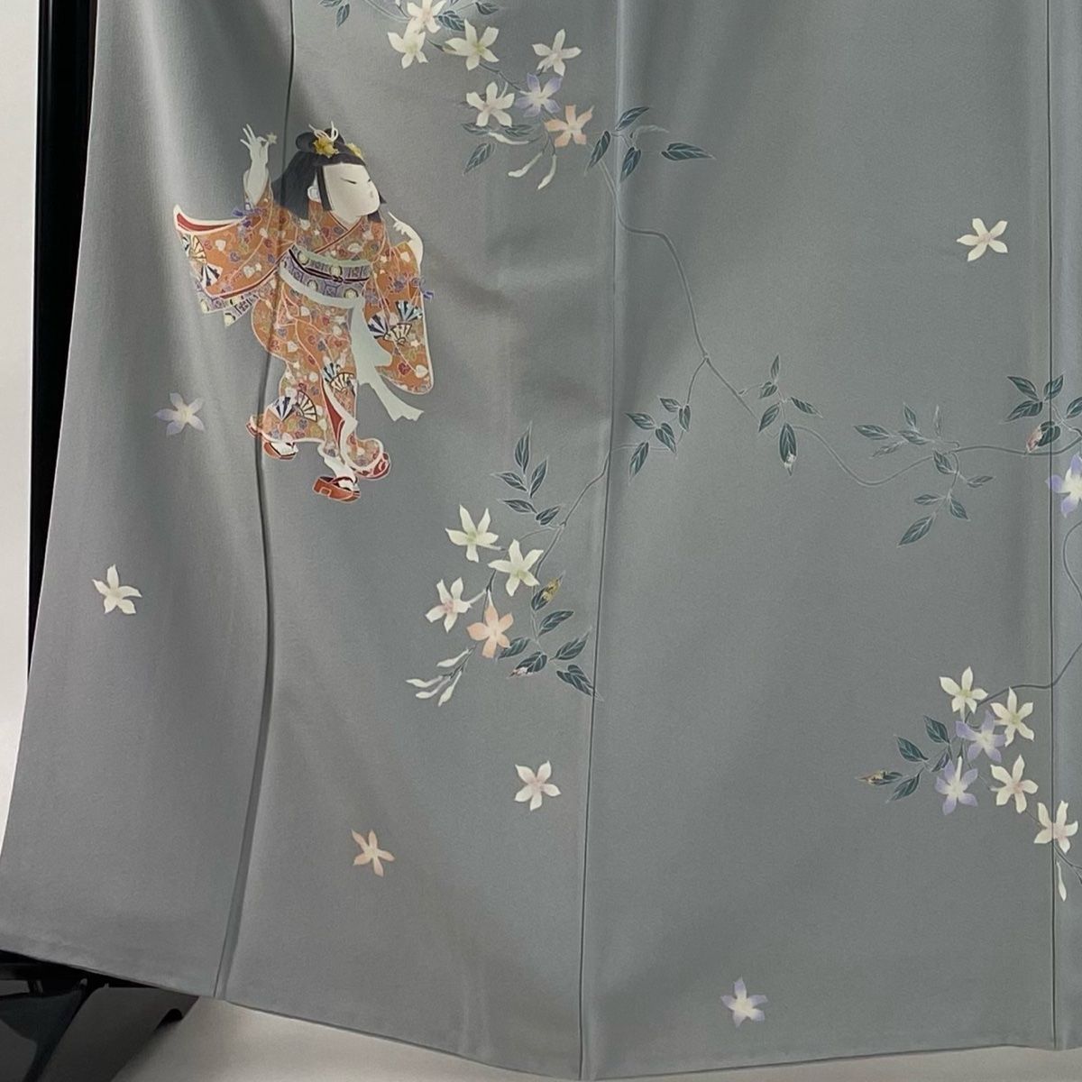 訪問着 身丈164cm 裄丈66.5cm M 袷 二代目 由水十久 落款 童 草花 青灰色 正絹