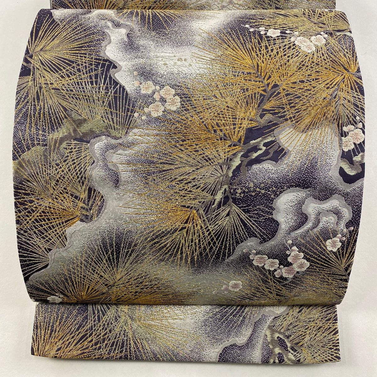 袋帯 秀品 松 梅 金糸 箔 灰紫 六通 正絹