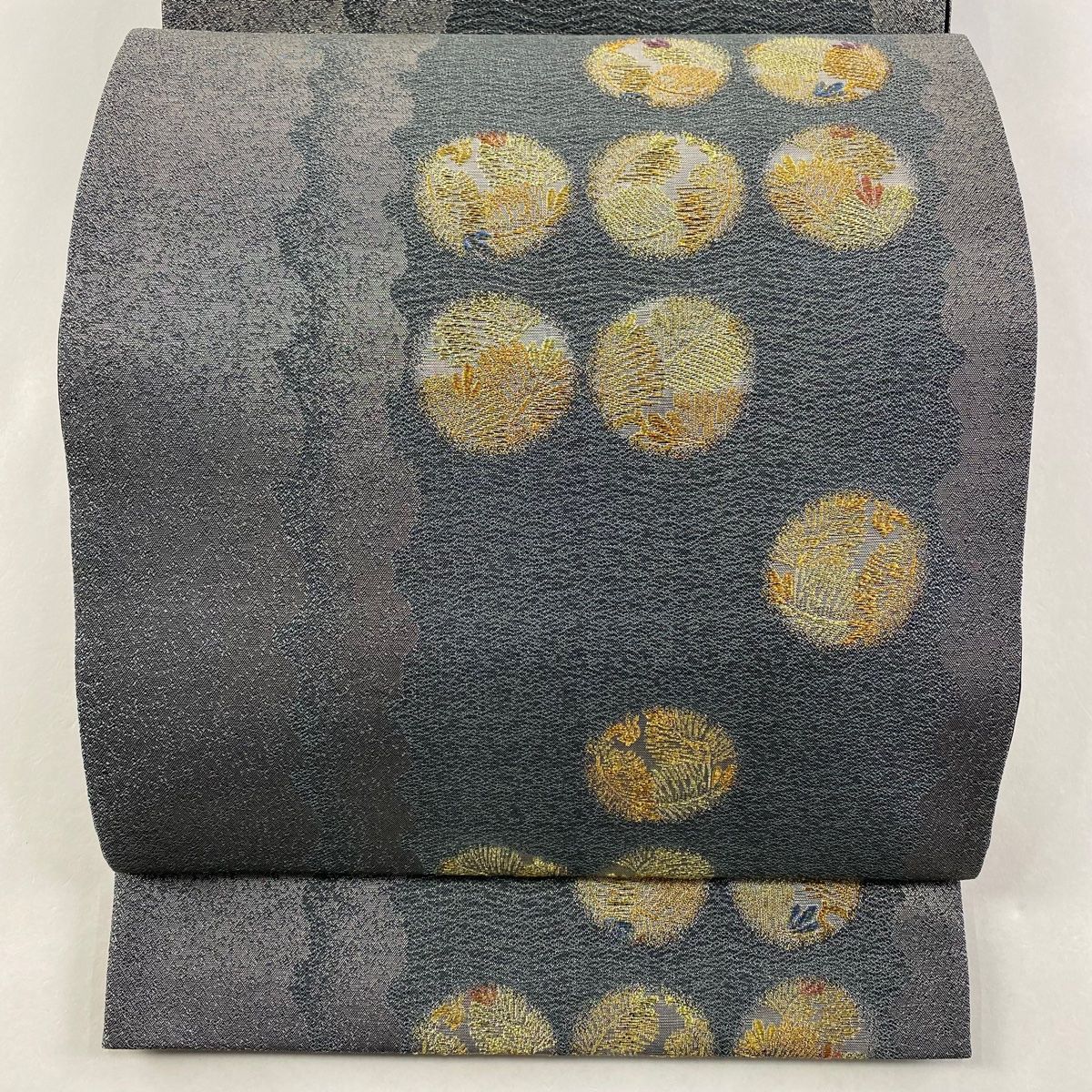 袋帯 秀品 丸文 若松 金糸 箔 灰緑 六通 正絹