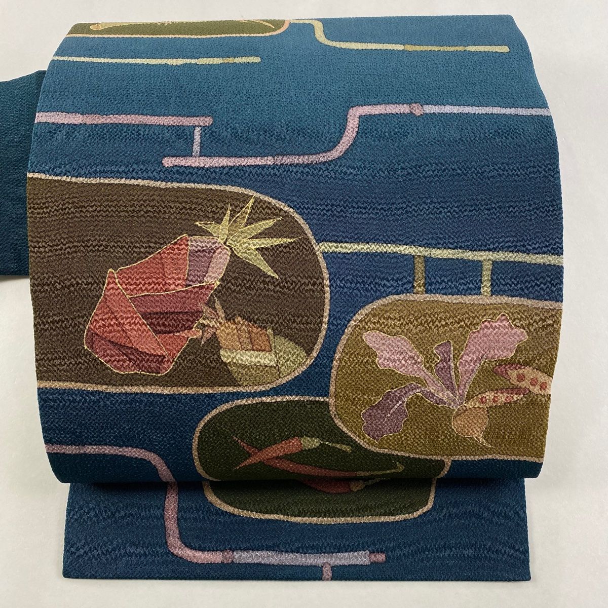 名古屋帯 秀品 野菜 幾何学 金彩 縮緬 青緑 正絹