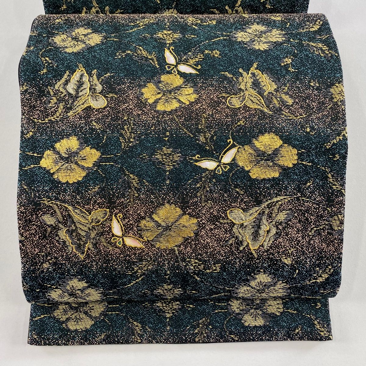 袋帯 秀品 草花 蝶 螺鈿 銀糸 深緑 お太鼓柄 正絹