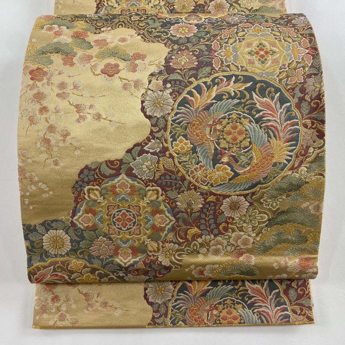 袋帯 秀品 鏡裏文 華文 金糸 ベージュ 六通 正絹