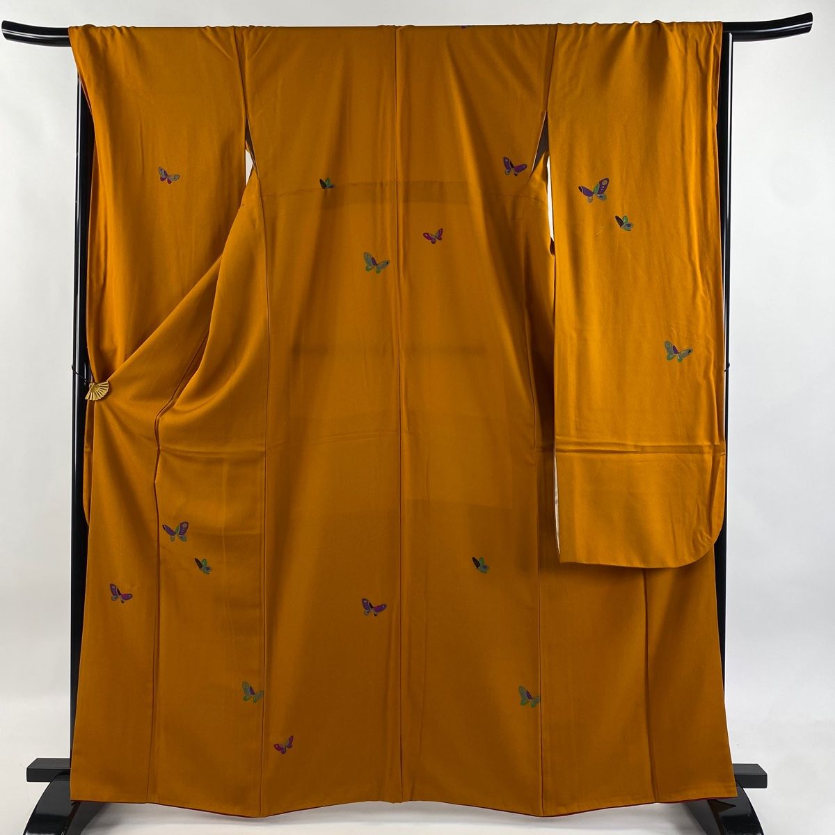 振袖 身丈165cm 裄丈67.5cm L 袷 蝶 竹 金彩 オレンジ 正絹 秀品