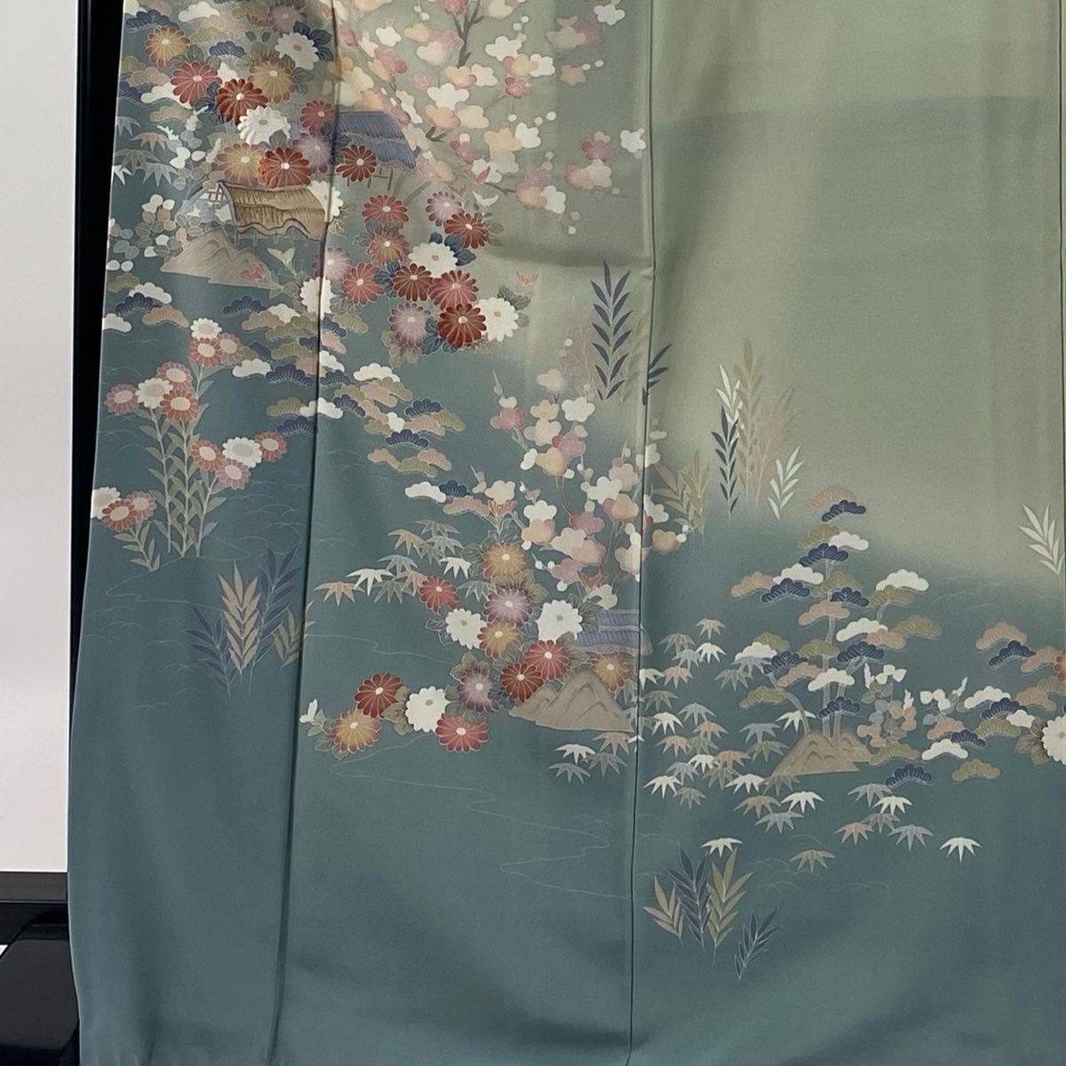 訪問着 身丈168.5cm 裄丈66cm M 袷 松竹梅 菊 金糸 刺繍 灰緑 正絹 秀品 一つ紋