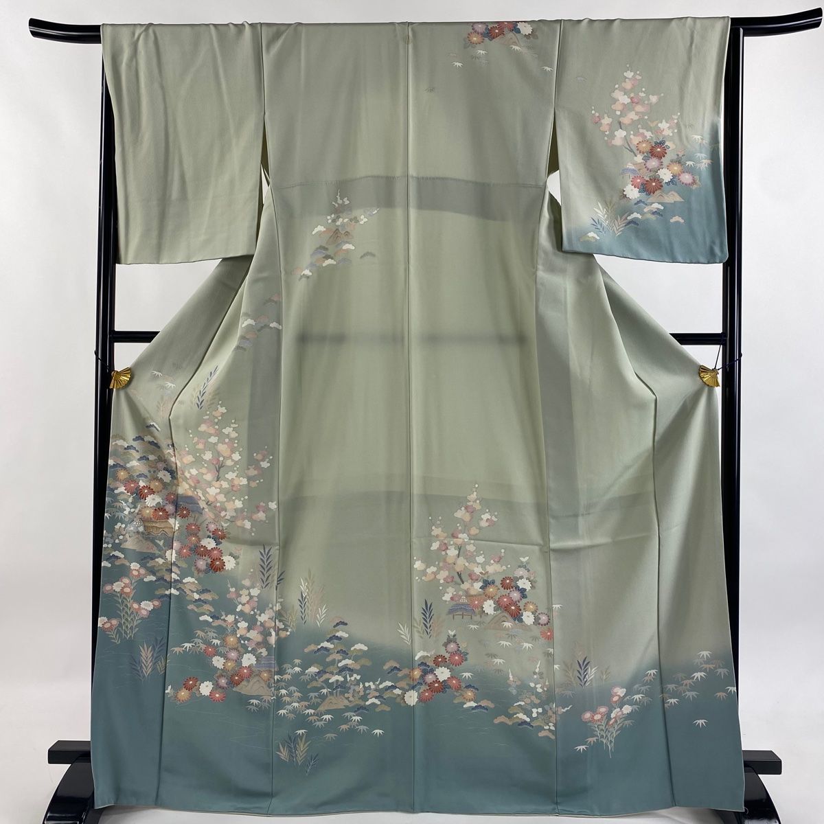 訪問着 身丈168.5 cm 裄丈66 M 袷 松竹梅 菊 金糸 刺繍 灰緑 正絹 秀品 一つ紋