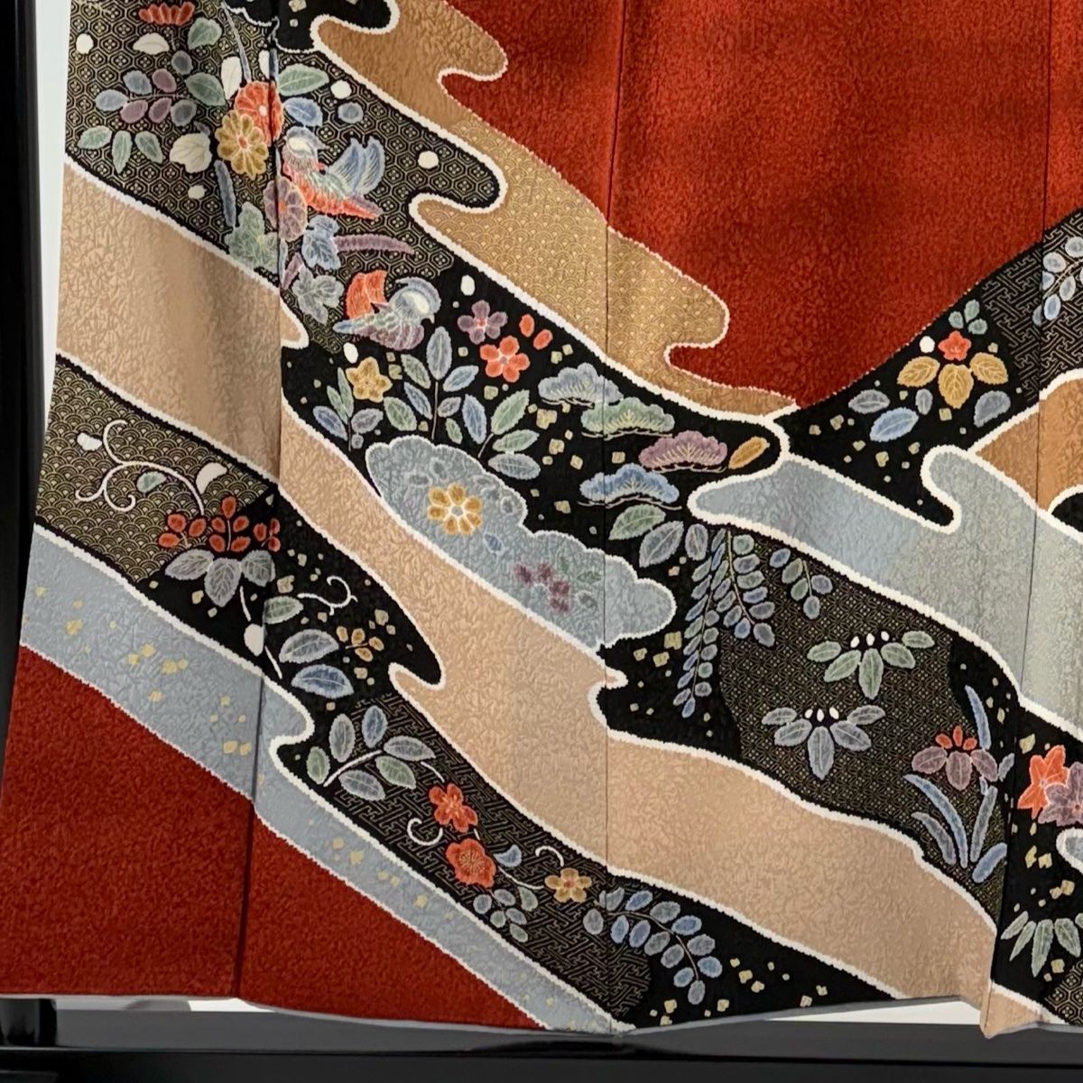 訪問着 身丈155cm 裄丈63.5cm S 袷 鴛鴦 草花 金彩 赤茶 正絹 秀品