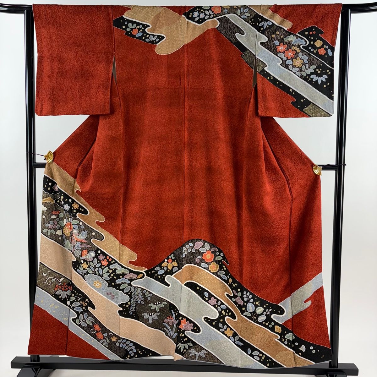 訪問着 身丈155cm 裄丈63.5cm S 袷 鴛鴦 草花 金彩 赤茶 正絹 秀品