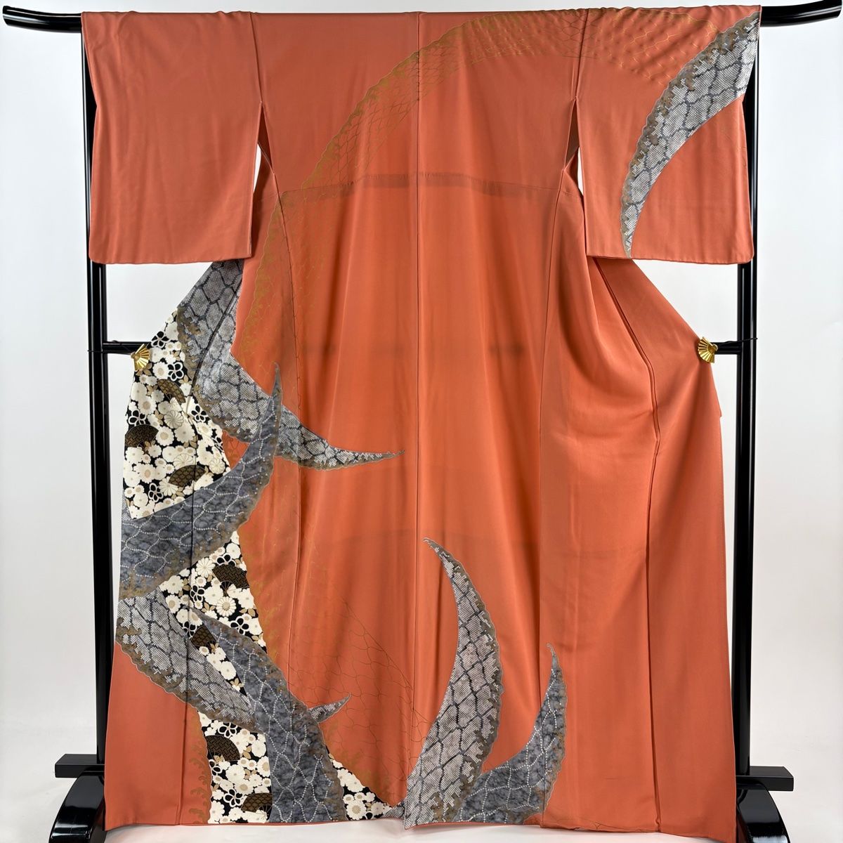 訪問着 身丈167cm 裄丈67cm M 袷 扇 草花 金糸 金彩 オレンジ 正絹 秀品