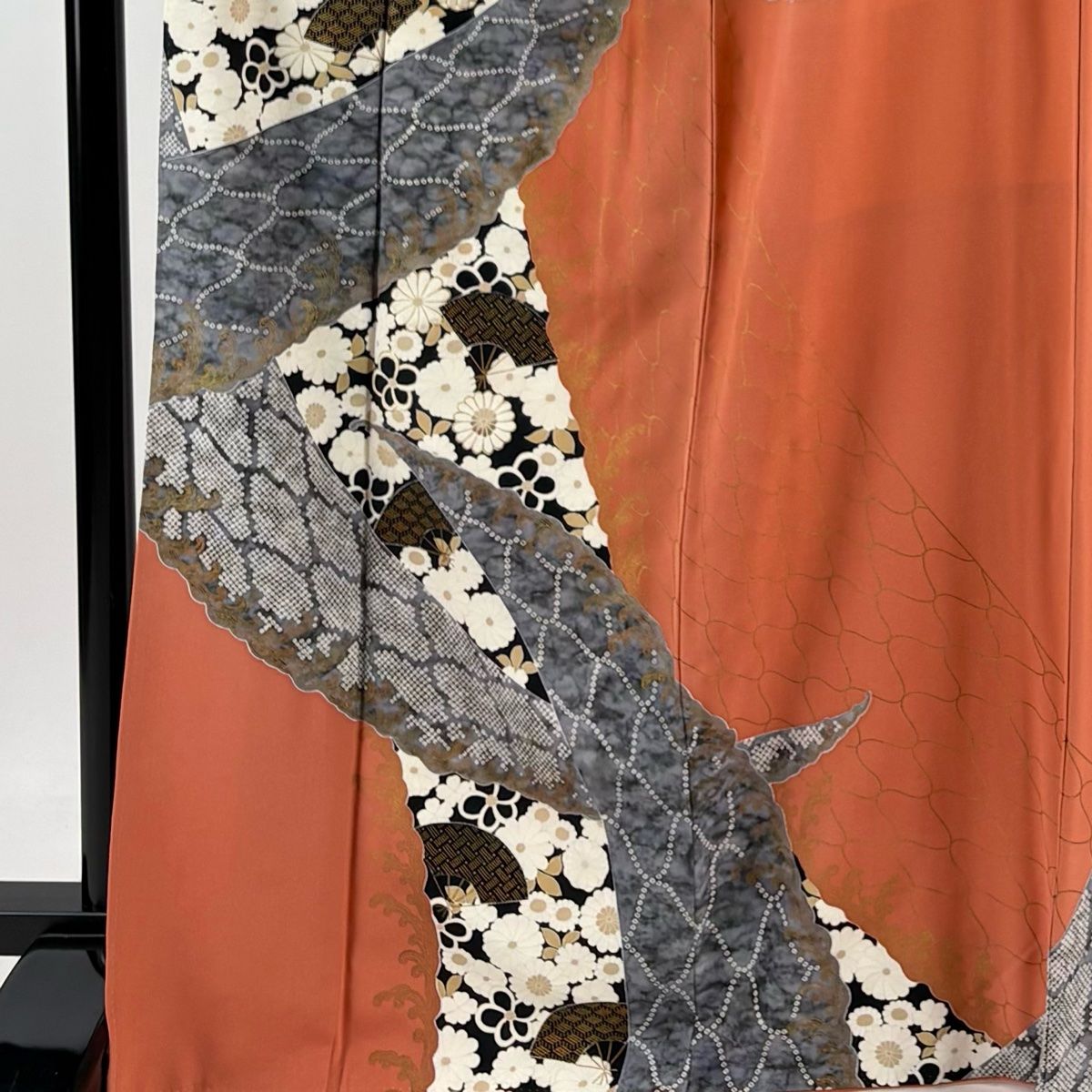 訪問着 身丈167cm 裄丈67cm M 袷 扇 草花 金糸 金彩 オレンジ 正絹 秀品 WWW_SMP1DAWEKUDUS_SCH_ID