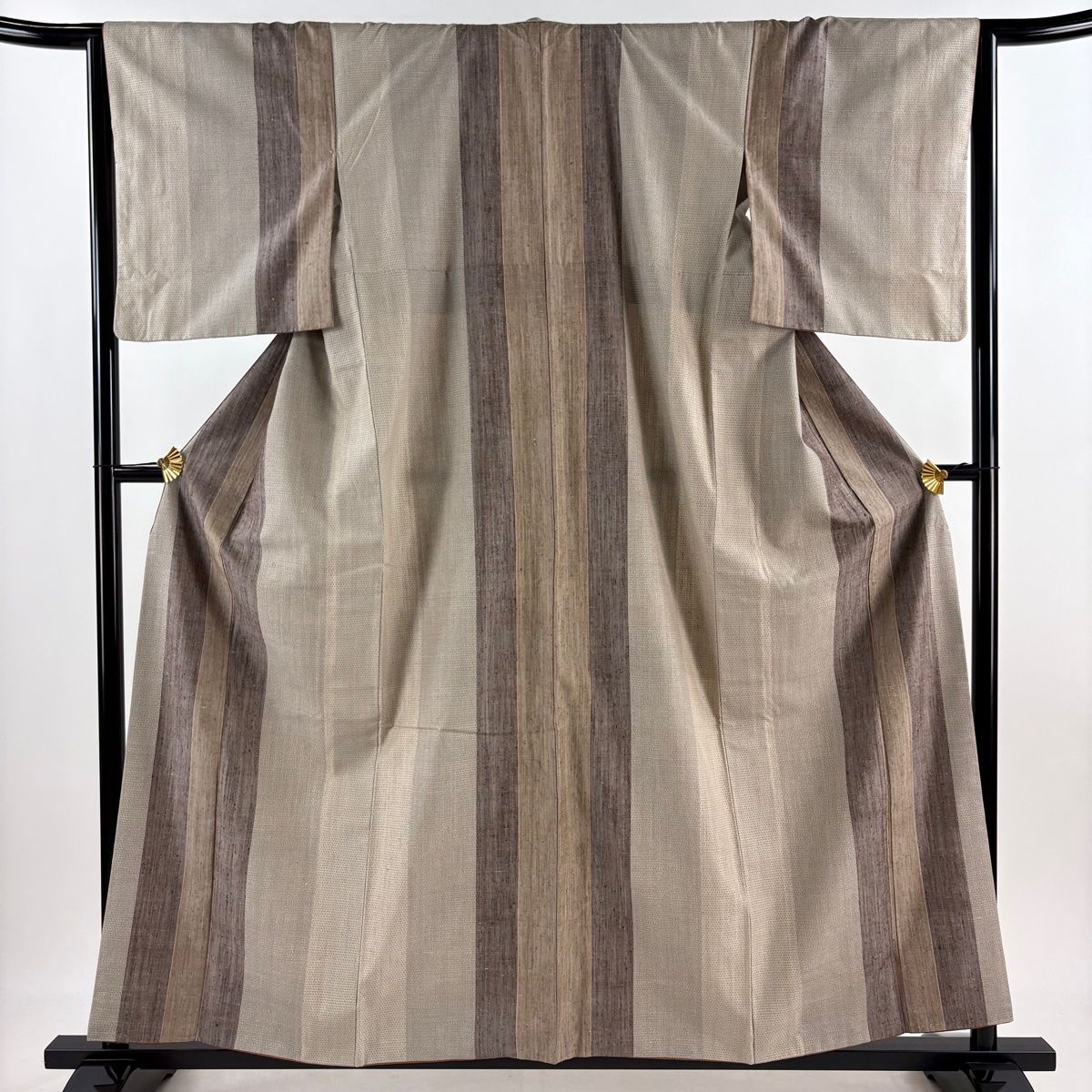 紬 身丈158.5cm 裄丈65cm M 袷 亀甲絣 縞 灰茶 正絹 秀品