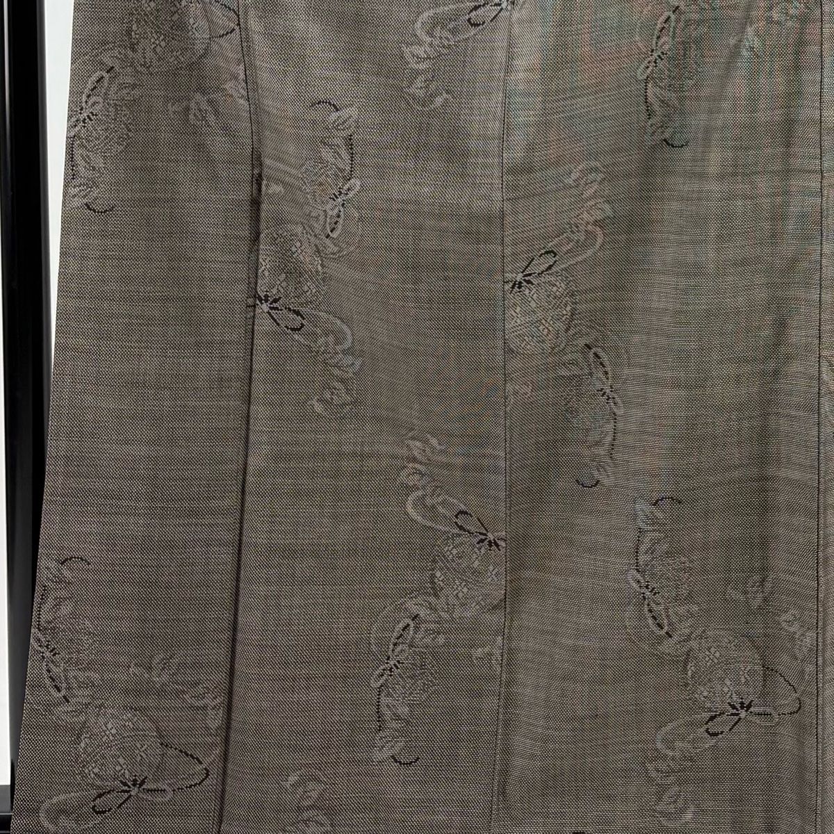 紬 身丈162cm 裄丈64.5cm M 袷 お仕覆 葉柄 灰茶 正絹 秀品