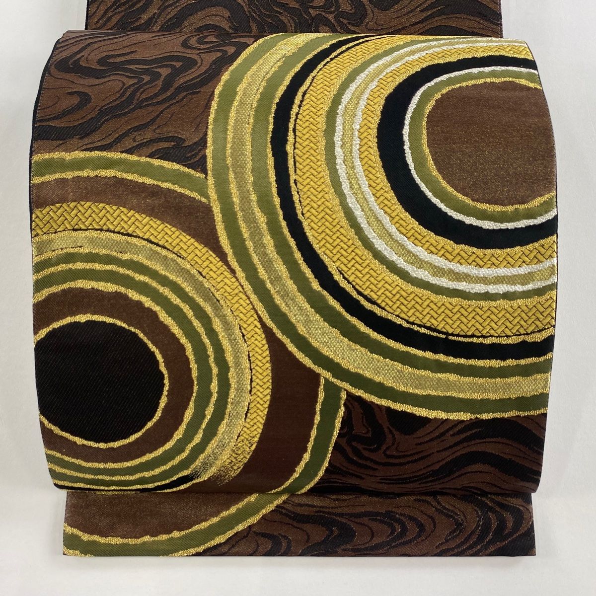 袋帯 誉田屋源兵衛 落款 波紋 幾何学模様 金糸 箔 茶色 六通 正絹