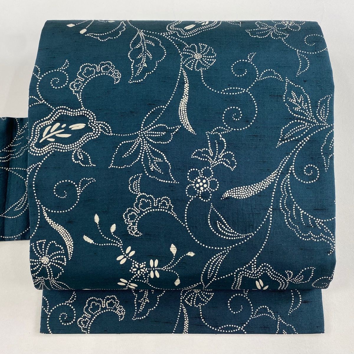 名古屋帯 ぜんまい紬地 花唐草 青緑 正絹